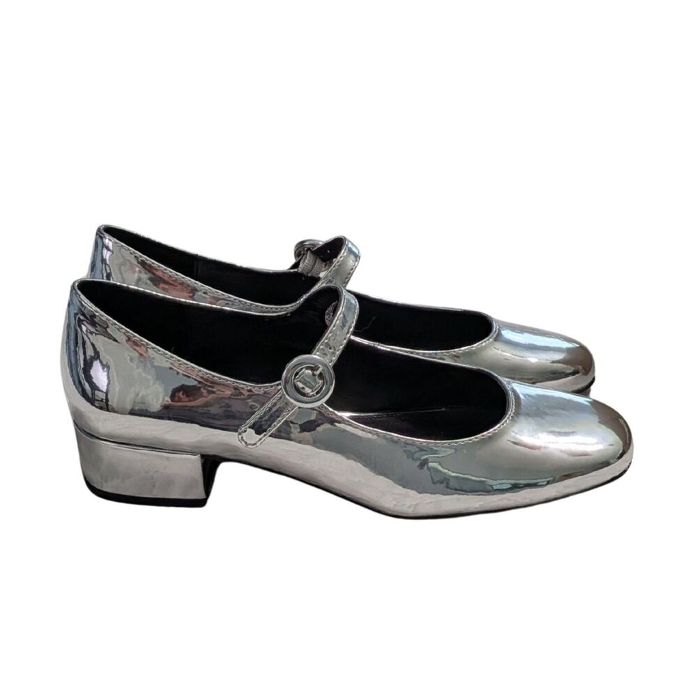 🪩 Steve Madden Silver Metallic Cyndie Mary Jane Low Block Heels 8